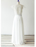Cap Sleeves Ivory Lace Chiffon Slit Open Back Long Wedding Dress